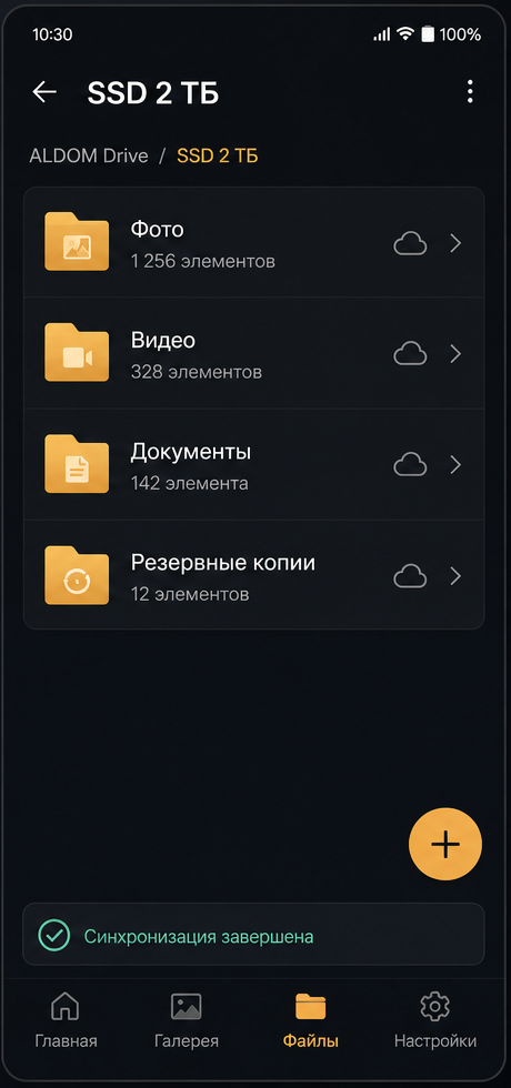 Экран файлов ALDOM Drive с папками фото, видео, документов и резервных копий